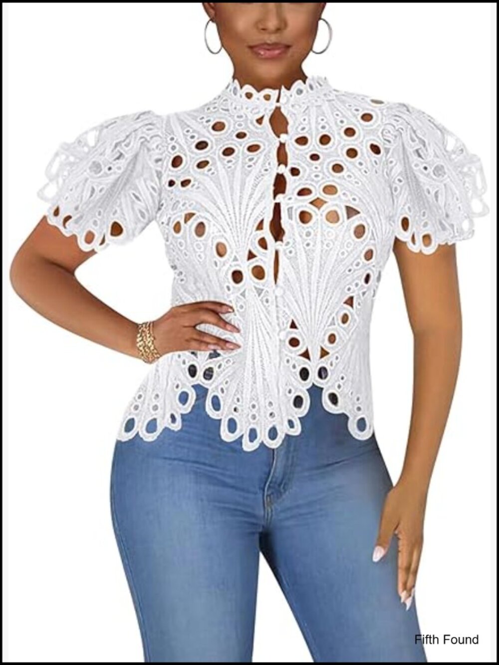 Sexy Ruffle Lace Tunic Blouse Long Sleeve V Neck Button Down Hollow Out - Picture 1 of 6